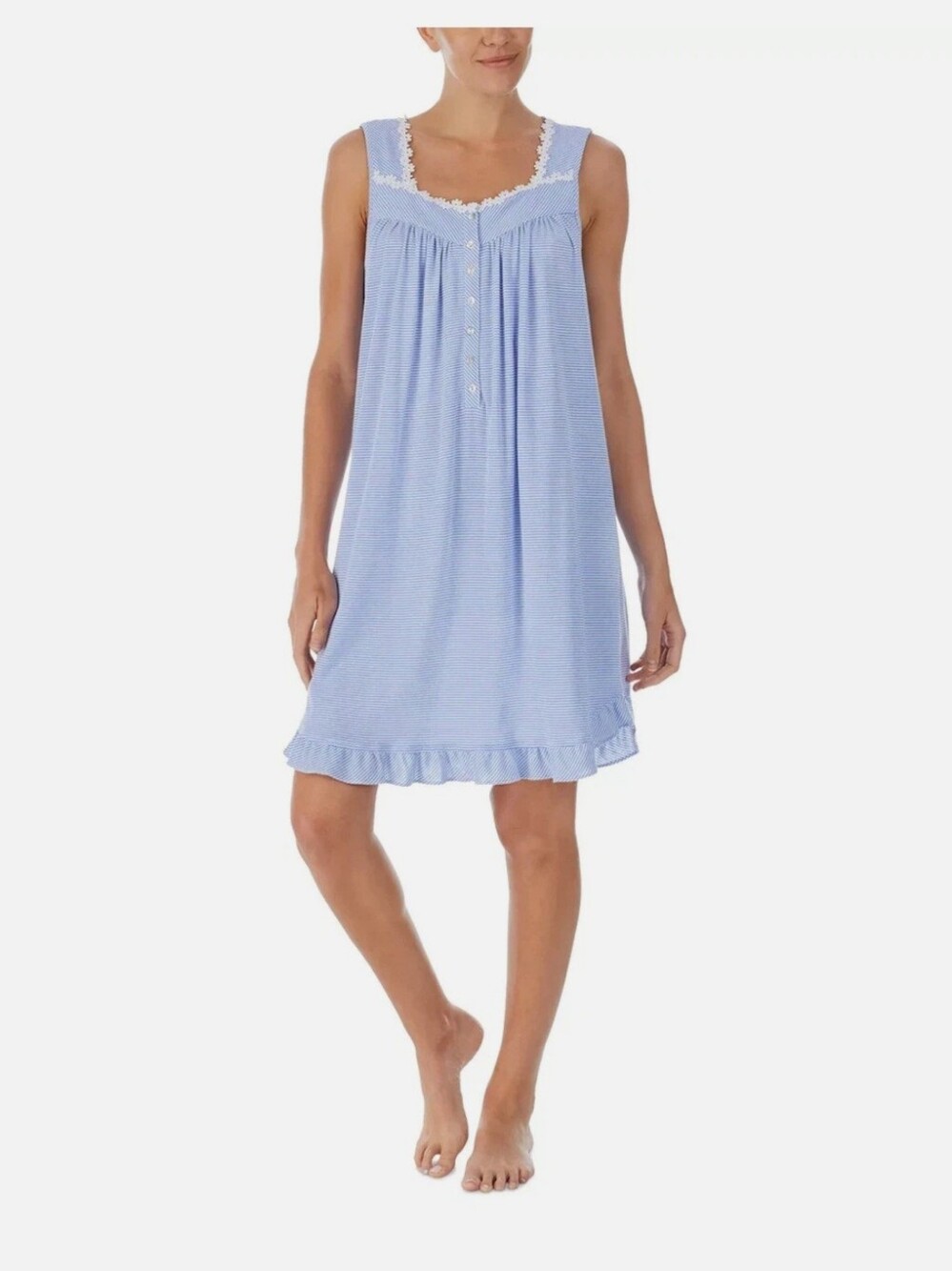 EILEEN WEST Blue/white Striped Cotton Blend Chemise Nightgown, Size L